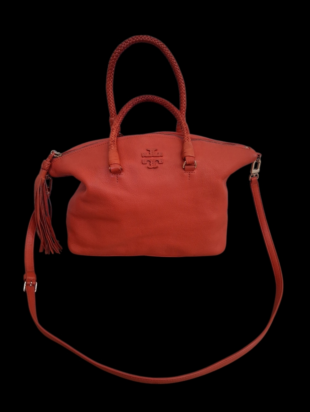 TORY BURCH Orange Taylor Satchel Braided Handles Tassel Zip MSRP $495